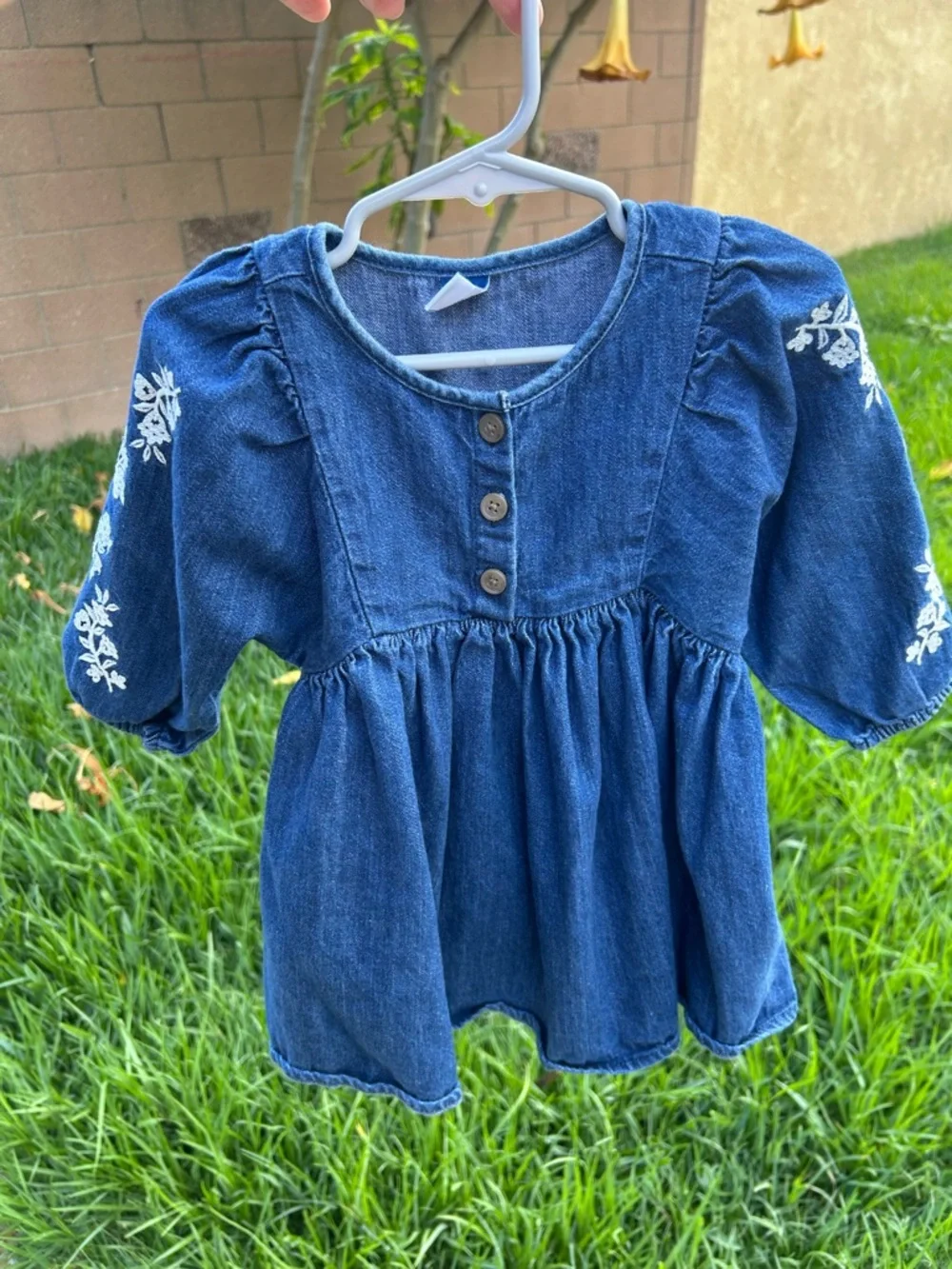 Old Navy Blue Denim Girls' Embroidered Sleeve Peasant Dress